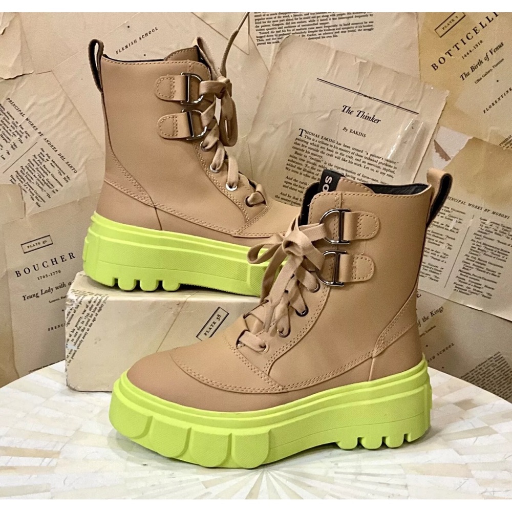 Anthropologie Sorel Caribou Boot Lace Up Beige Tan Leather Lime Rubber - Picture 4 of 11